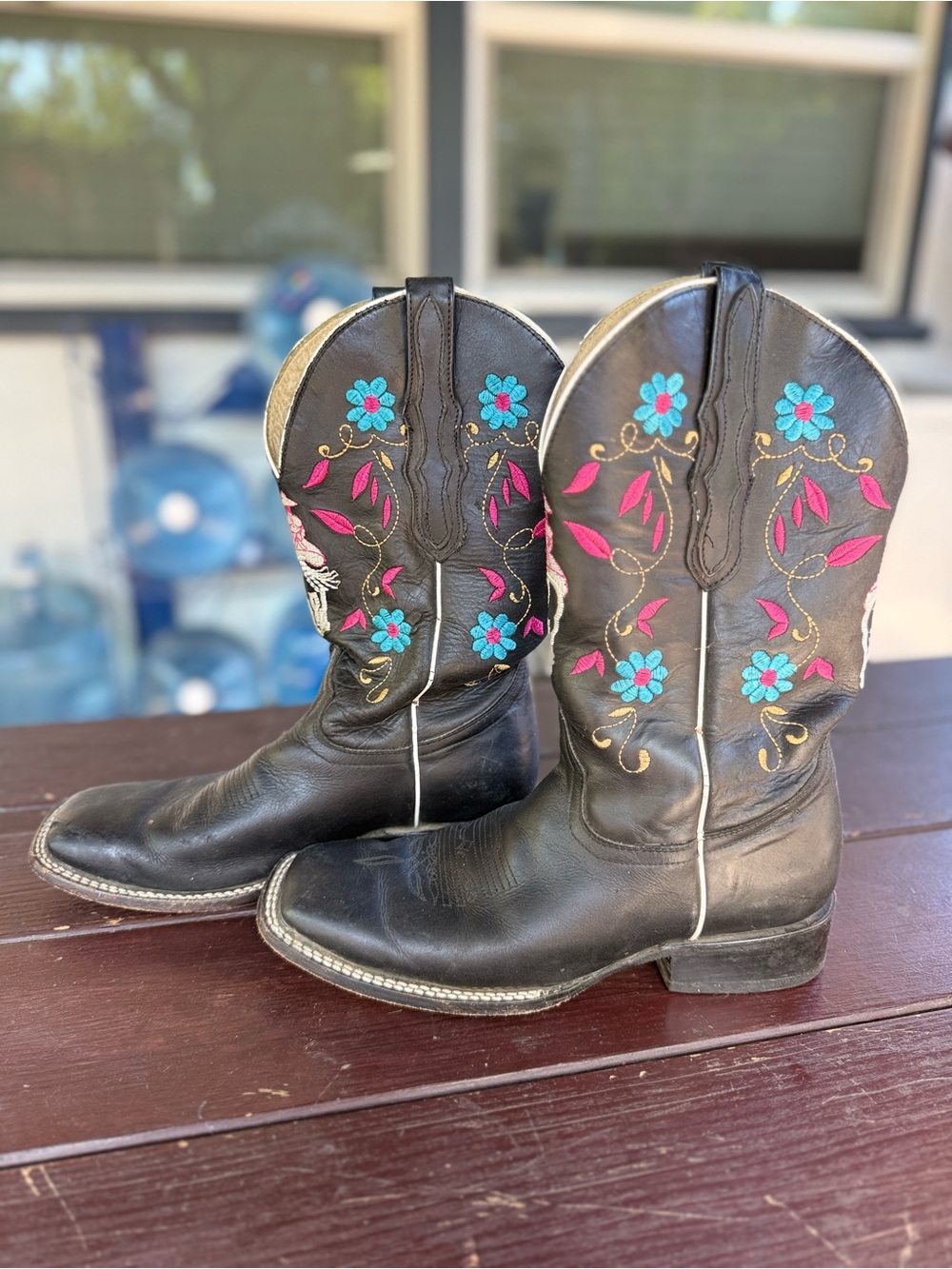 El General Black Leather Mens Cowboy Boots Western Floral Embroidery US Mens 7